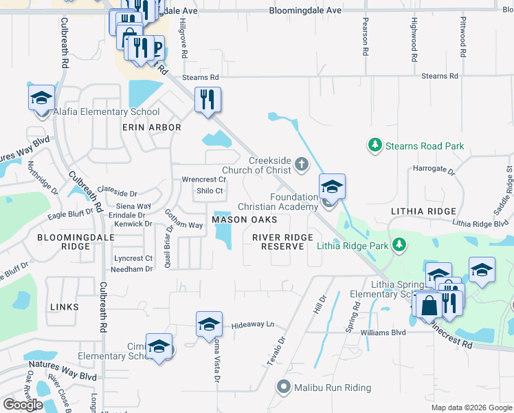 map of restaurants, bars, coffee shops, grocery stores, and more near 2571 Regal River Road in Valrico