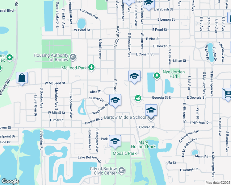 map of restaurants, bars, coffee shops, grocery stores, and more near 1310 South Floral Avenue in Bartow