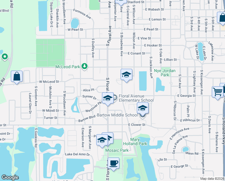 map of restaurants, bars, coffee shops, grocery stores, and more near 1230 South Floral Avenue in Bartow