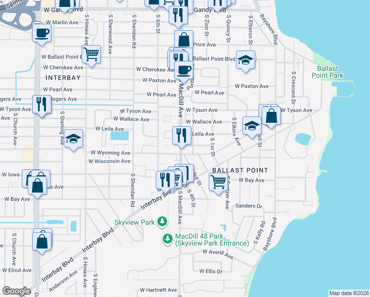 map of restaurants, bars, coffee shops, grocery stores, and more near 5703 South MacDill Avenue in Tampa