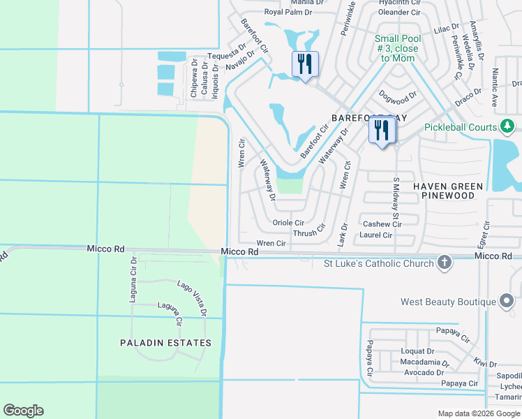 map of restaurants, bars, coffee shops, grocery stores, and more near 1027 Oriole Circle in Micco