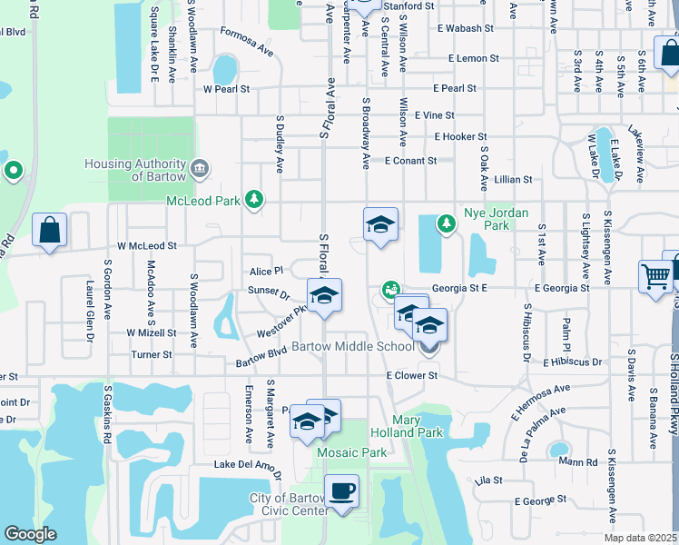 map of restaurants, bars, coffee shops, grocery stores, and more near 1310 South Floral Avenue in Bartow