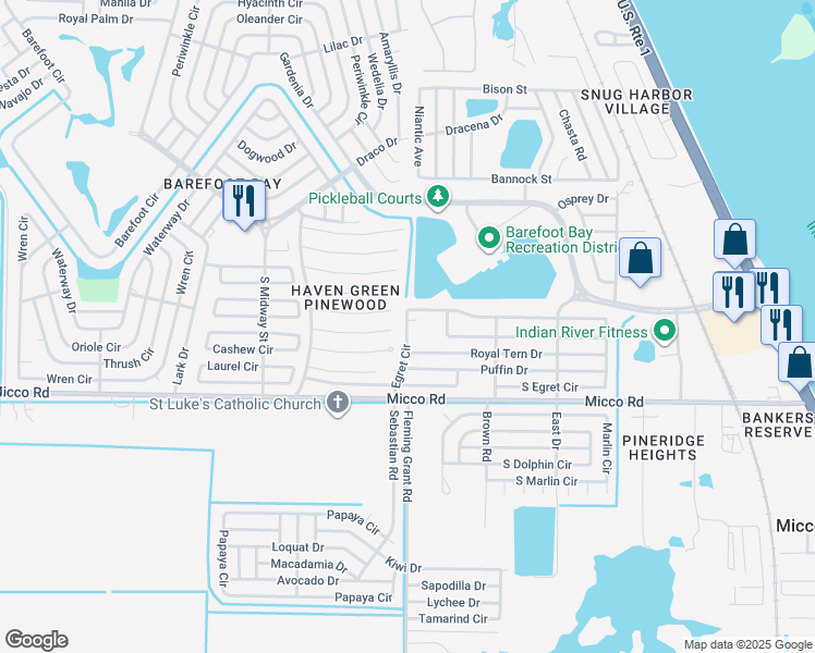 map of restaurants, bars, coffee shops, grocery stores, and more near 335 Egret Circle in Sebastian