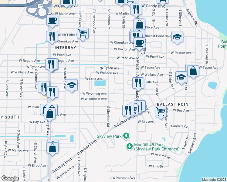 map of restaurants, bars, coffee shops, grocery stores, and more near 3208 West Leila Avenue in Tampa
