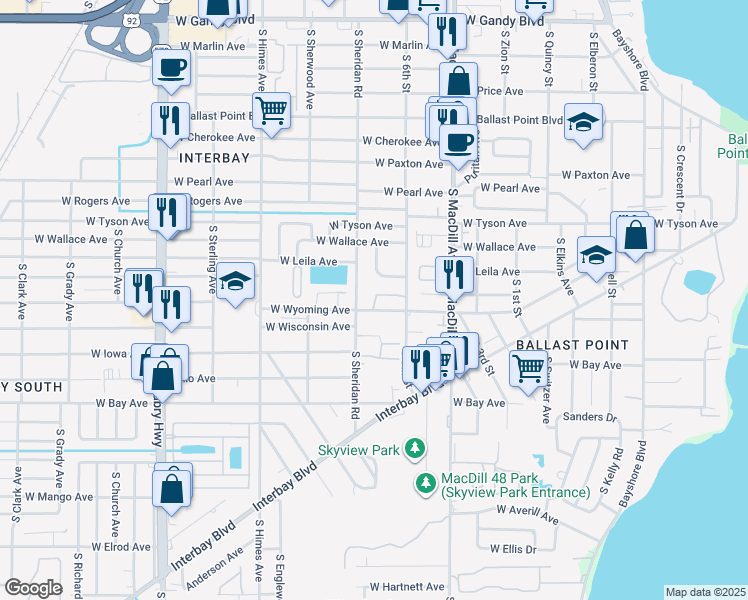 map of restaurants, bars, coffee shops, grocery stores, and more near 3208 West Leila Avenue in Tampa