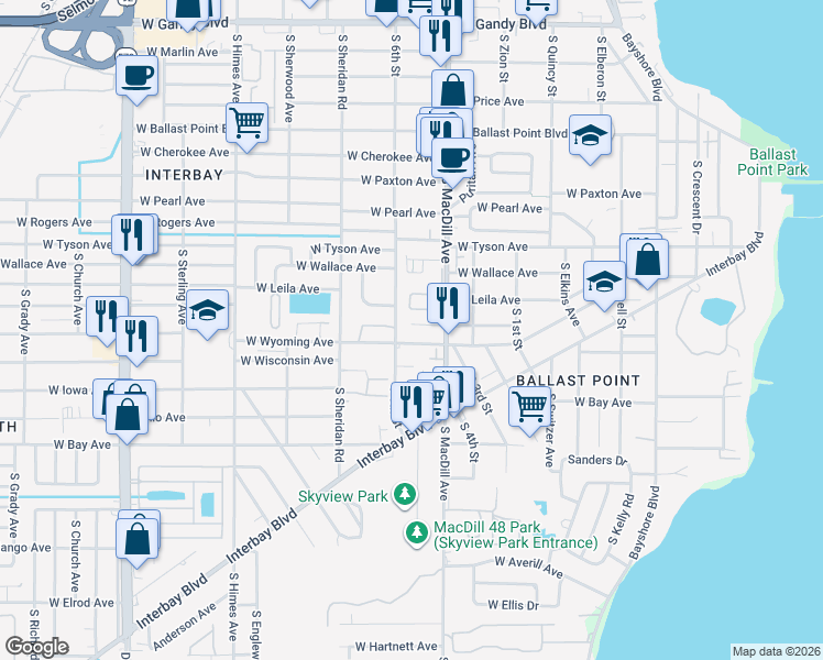 map of restaurants, bars, coffee shops, grocery stores, and more near 5820 South 6th Street in Tampa