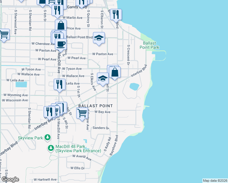 map of restaurants, bars, coffee shops, grocery stores, and more near 5601 Bayshore Boulevard in Tampa