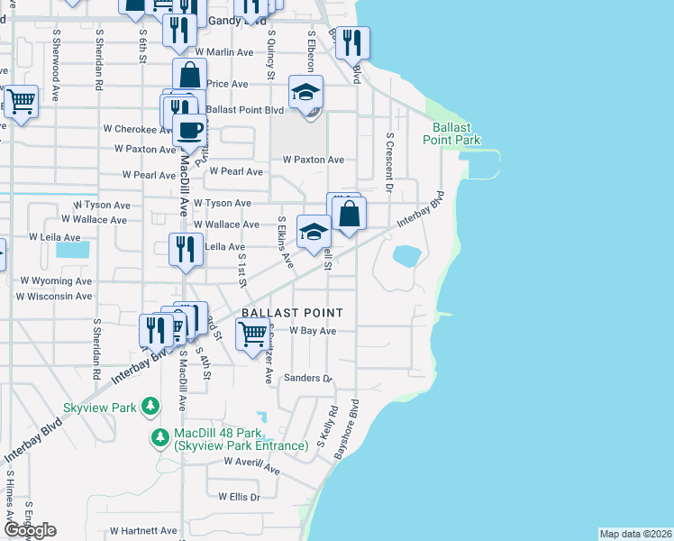 map of restaurants, bars, coffee shops, grocery stores, and more near 5601 Bayshore Boulevard in Tampa