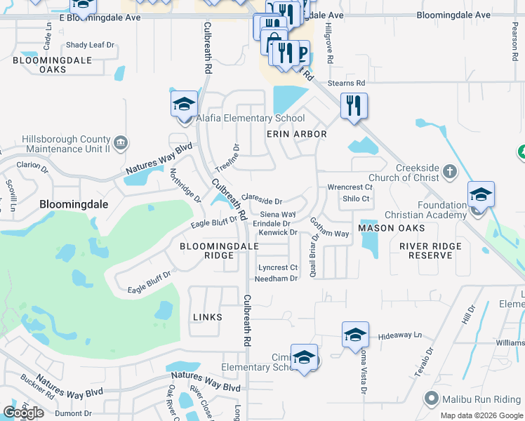 map of restaurants, bars, coffee shops, grocery stores, and more near 2520 Siena Way in Valrico