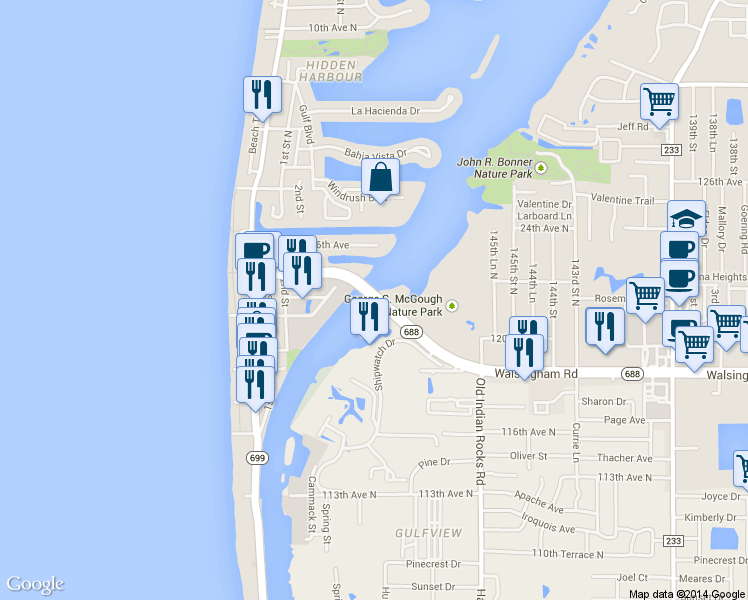 map of restaurants, bars, coffee shops, grocery stores, and more near 599 Walsingham Road in Indian Rocks Beach