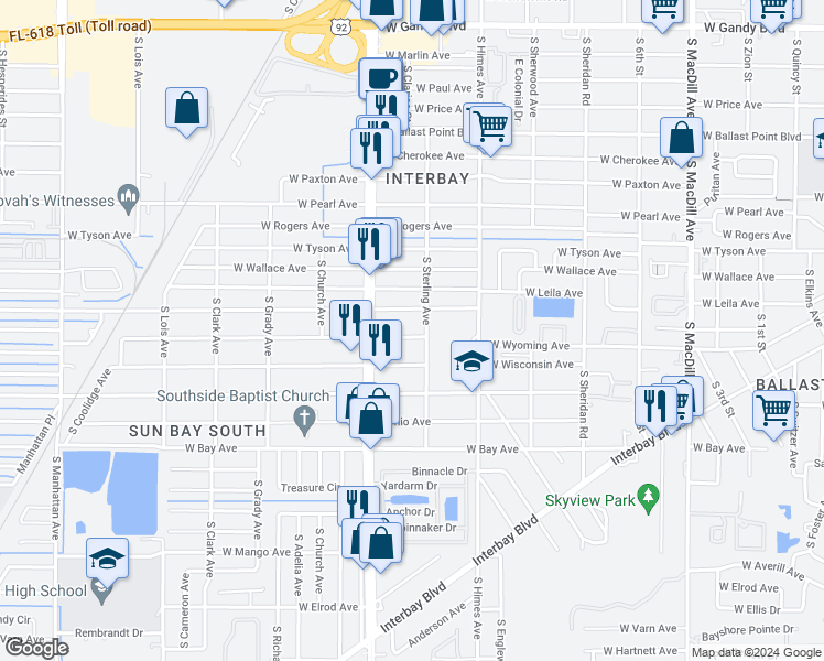 map of restaurants, bars, coffee shops, grocery stores, and more near 3704 West Oklahoma Avenue in Tampa