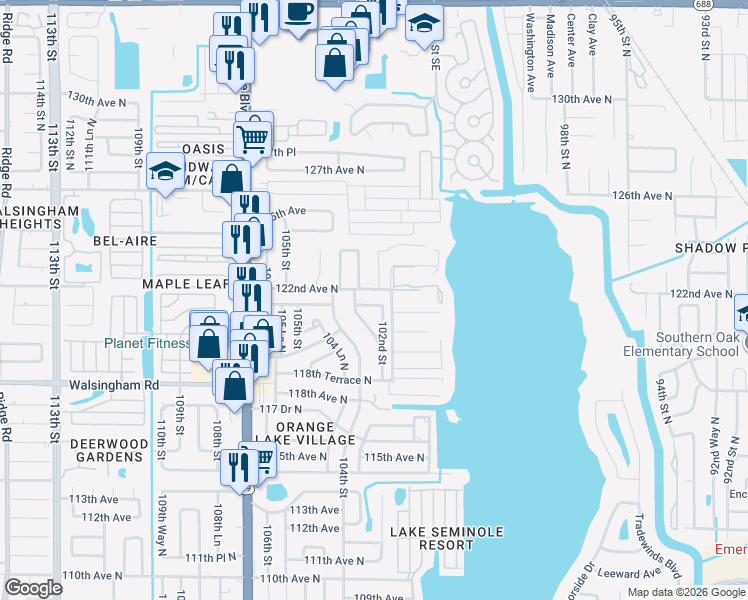 map of restaurants, bars, coffee shops, grocery stores, and more near 10270 122nd Avenue in Largo