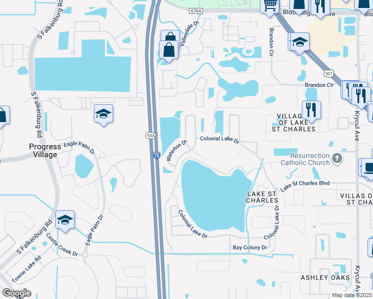 map of restaurants, bars, coffee shops, grocery stores, and more near 6803 Waterton Drive in Riverview