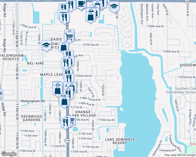 map of restaurants, bars, coffee shops, grocery stores, and more near 10270 122nd Avenue in Largo