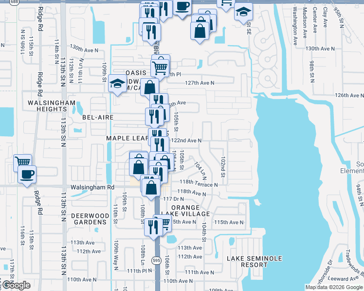 map of restaurants, bars, coffee shops, grocery stores, and more near 10512 122nd Avenue in Largo