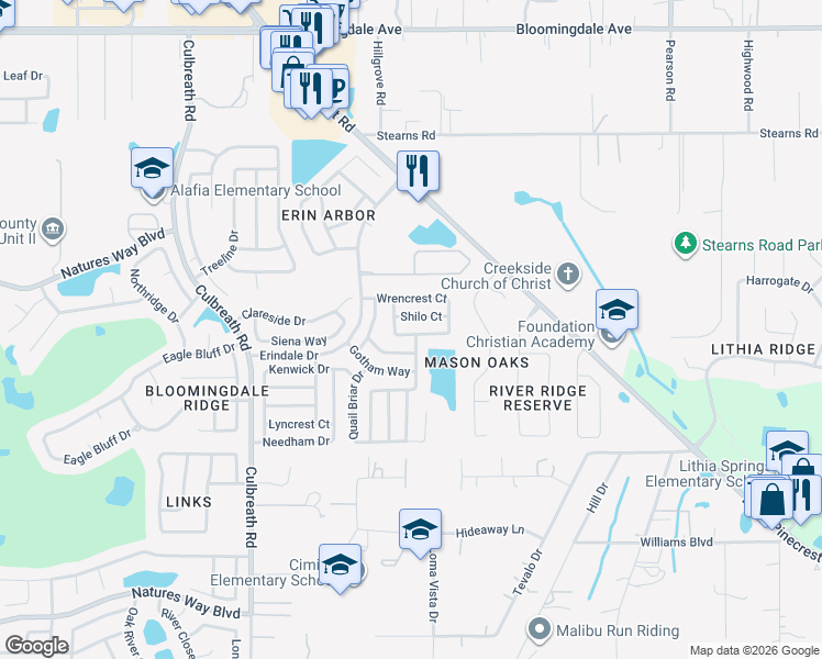 map of restaurants, bars, coffee shops, grocery stores, and more near 2617 Wrencrest Circle in Valrico