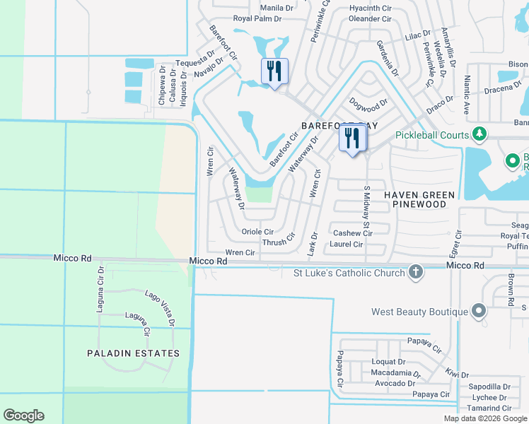 map of restaurants, bars, coffee shops, grocery stores, and more near 1075 Parkway Lane in Sebastian