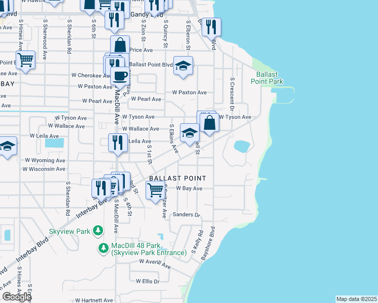 map of restaurants, bars, coffee shops, grocery stores, and more near 5707 Interbay Boulevard in Tampa