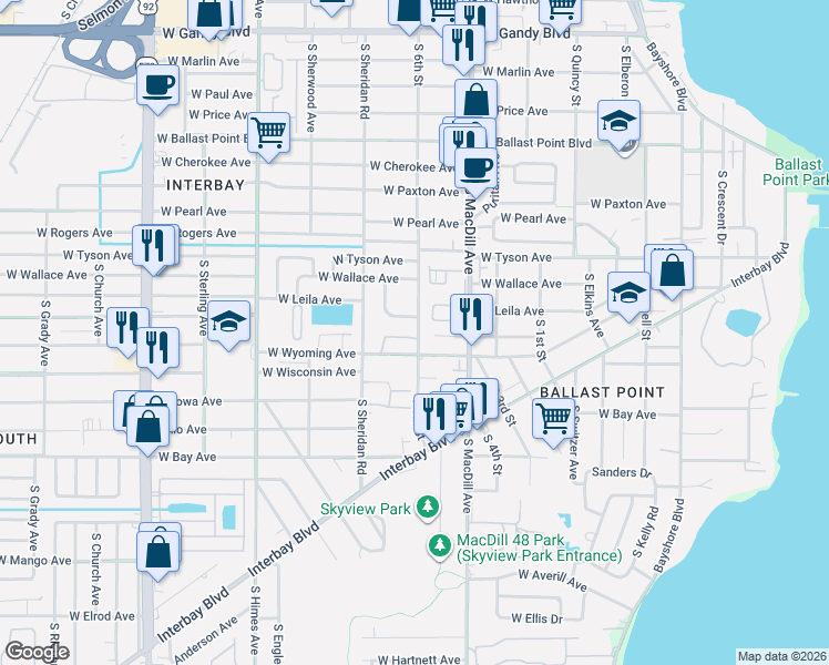 map of restaurants, bars, coffee shops, grocery stores, and more near 5820 South 6th Street in Tampa