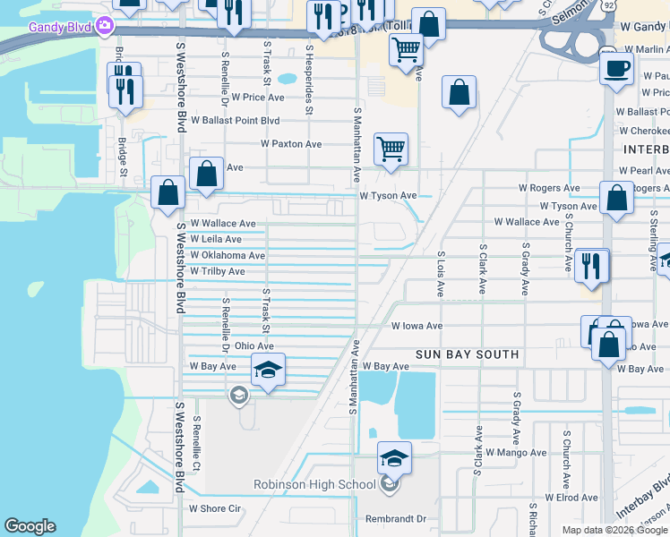 map of restaurants, bars, coffee shops, grocery stores, and more near 4409 West Trilby Avenue in Tampa