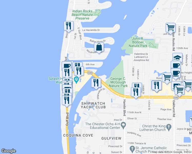 map of restaurants, bars, coffee shops, grocery stores, and more near 599 Walsingham Road in Indian Rocks Beach