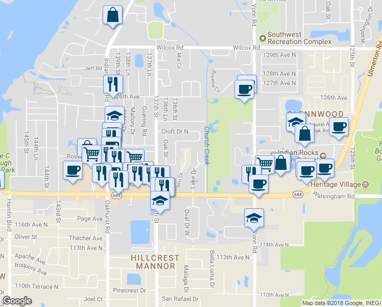 map of restaurants, bars, coffee shops, grocery stores, and more near 12877 Palm Drive in Largo