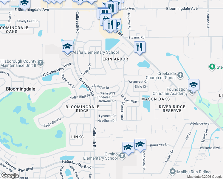 map of restaurants, bars, coffee shops, grocery stores, and more near 2529 Clareside Drive in Valrico