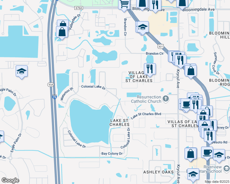 map of restaurants, bars, coffee shops, grocery stores, and more near 6723 Thackston Drive in Riverview