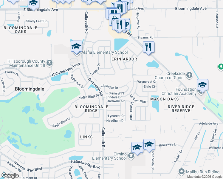 map of restaurants, bars, coffee shops, grocery stores, and more near 2515 Clareside Drive in Valrico