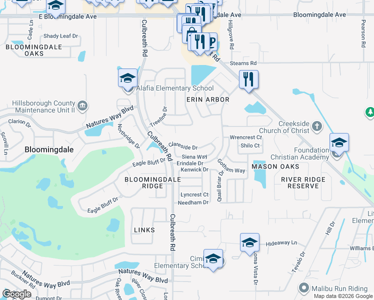 map of restaurants, bars, coffee shops, grocery stores, and more near 2515 Clareside Drive in Valrico