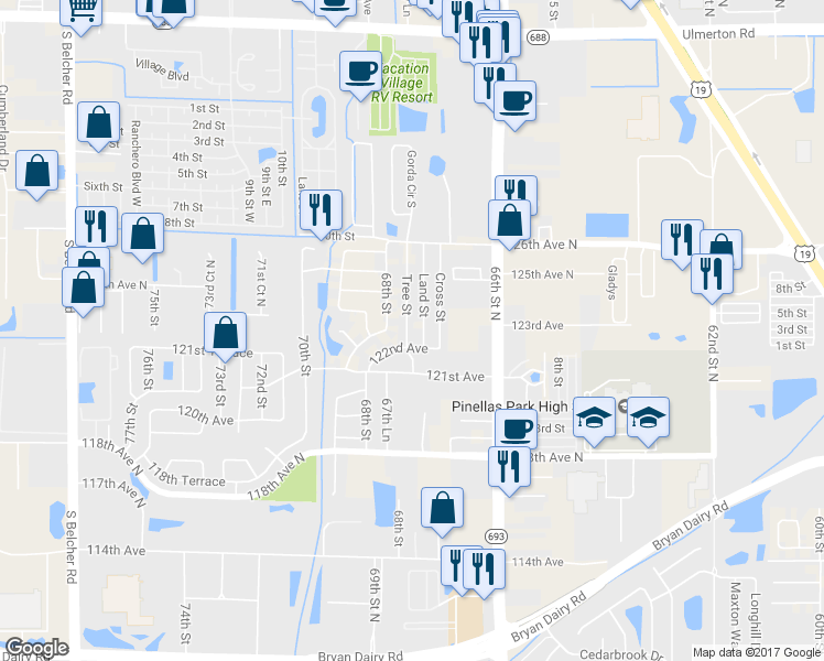map of restaurants, bars, coffee shops, grocery stores, and more near 12223 Tree Street in Largo