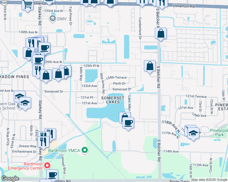 map of restaurants, bars, coffee shops, grocery stores, and more near 8154 Somerset Drive in Largo