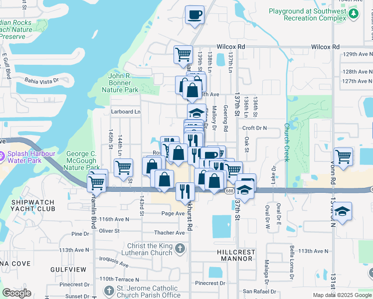 map of restaurants, bars, coffee shops, grocery stores, and more near 12150 Indian Rocks Road in Largo