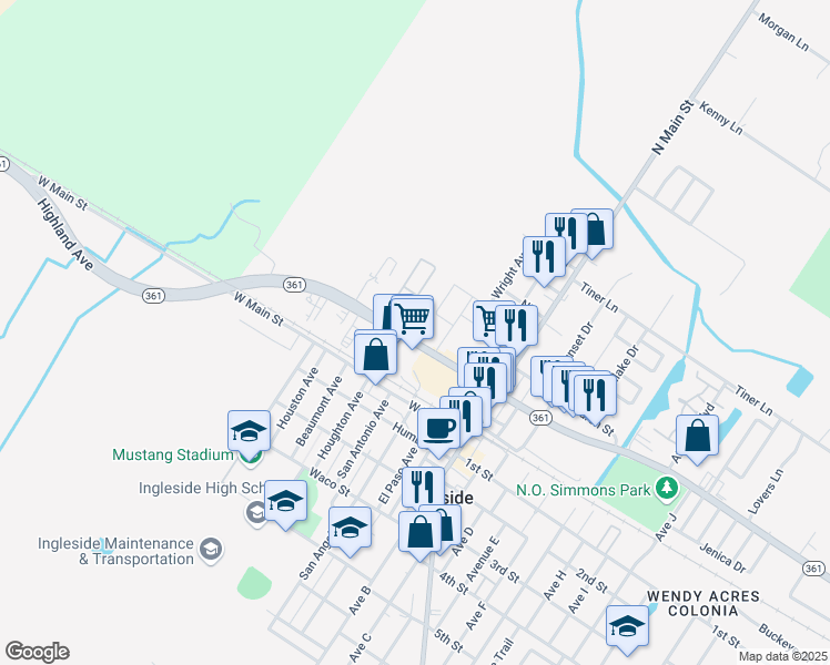 map of restaurants, bars, coffee shops, grocery stores, and more near 2696 Texas 361 in Ingleside