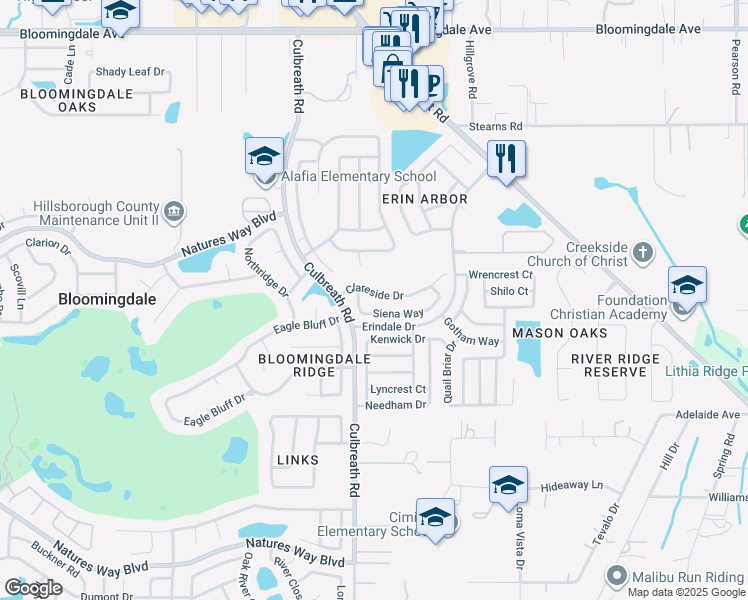 map of restaurants, bars, coffee shops, grocery stores, and more near 2511 Clareside Drive in Valrico