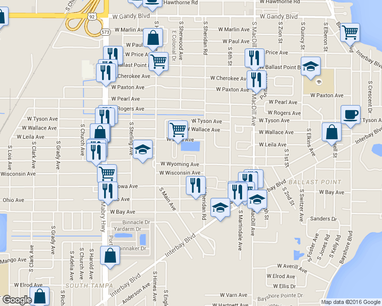 map of restaurants, bars, coffee shops, grocery stores, and more near 3319 West Wyoming Circle in Tampa