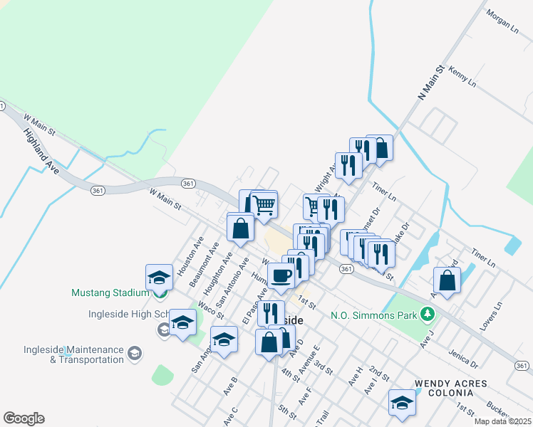 map of restaurants, bars, coffee shops, grocery stores, and more near 2969 Texas 361 in Ingleside