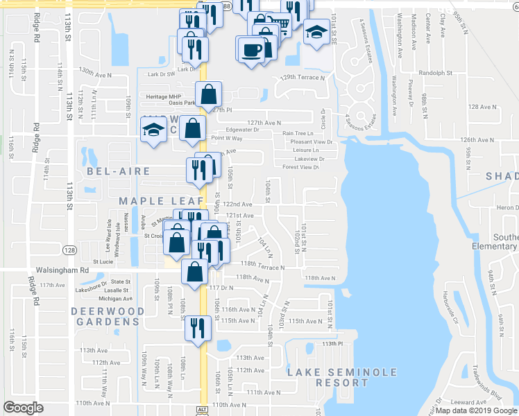 map of restaurants, bars, coffee shops, grocery stores, and more near 10410 122nd Avenue in Largo