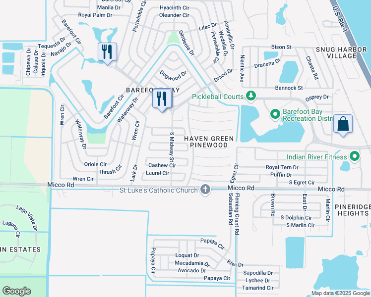 map of restaurants, bars, coffee shops, grocery stores, and more near 872 Pecan Circle in Sebastian