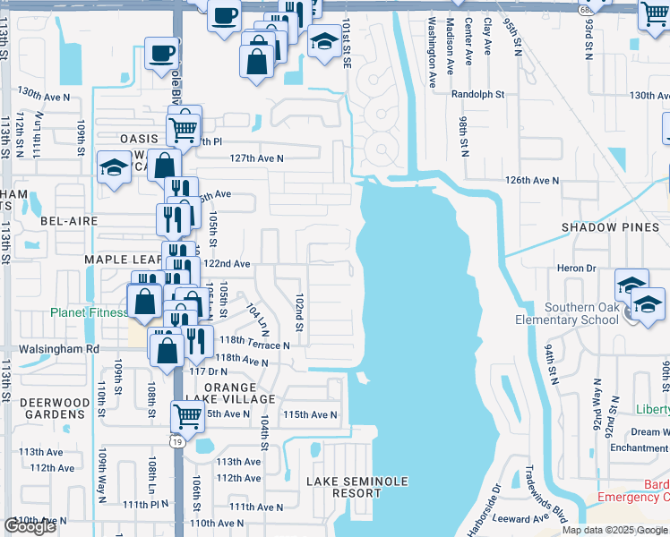 map of restaurants, bars, coffee shops, grocery stores, and more near 4253 Sailwinds Boulevard North in Largo