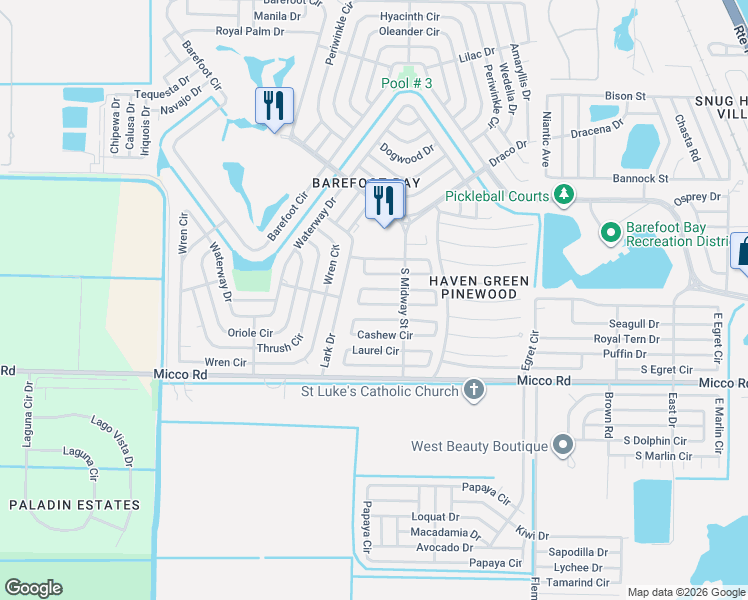 map of restaurants, bars, coffee shops, grocery stores, and more near 920 Pecan Circle in Micco