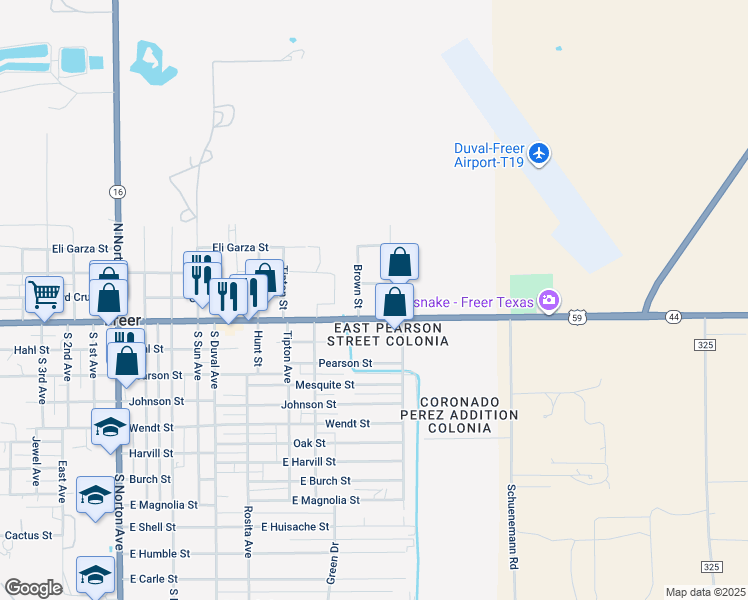 map of restaurants, bars, coffee shops, grocery stores, and more near 1015 Eli Garza Street in Freer