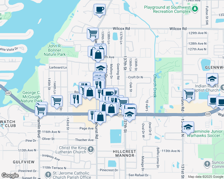 map of restaurants, bars, coffee shops, grocery stores, and more near 12162 Aurora Court in Largo