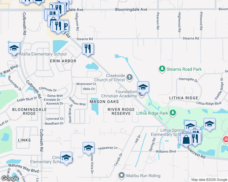 map of restaurants, bars, coffee shops, grocery stores, and more near 2571 Regal River Road in Valrico