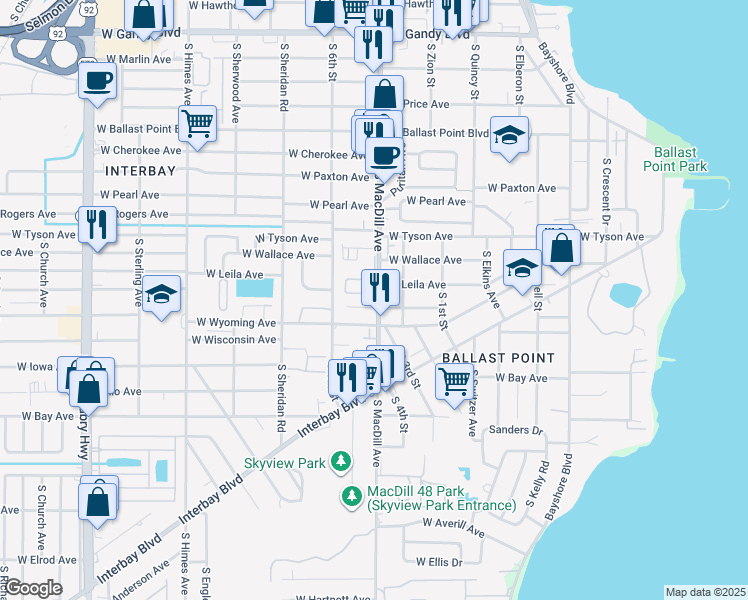 map of restaurants, bars, coffee shops, grocery stores, and more near 5703 South MacDill Avenue in Tampa