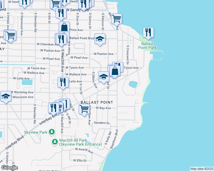 map of restaurants, bars, coffee shops, grocery stores, and more near 5707 Interbay Boulevard in Tampa