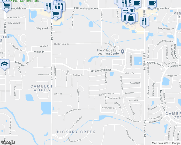 map of restaurants, bars, coffee shops, grocery stores, and more near 401 Bloomingfield Drive in Brandon