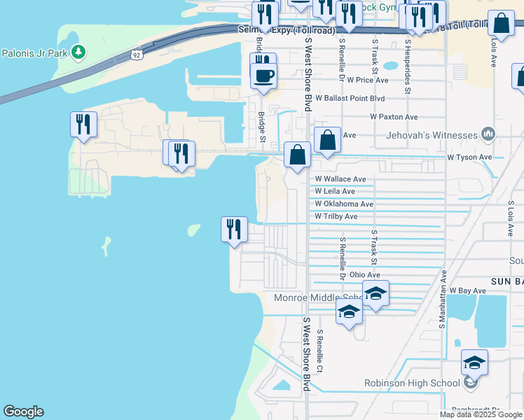 map of restaurants, bars, coffee shops, grocery stores, and more near 5729 Yeats Manor Drive in Tampa