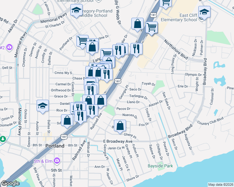 map of restaurants, bars, coffee shops, grocery stores, and more near 106 Terlingua Drive in Portland