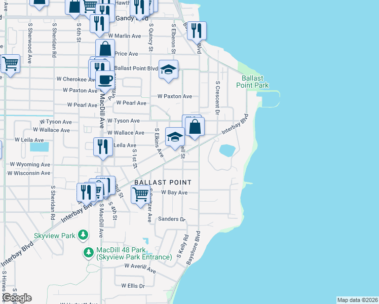 map of restaurants, bars, coffee shops, grocery stores, and more near 5601 Bayshore Boulevard in Tampa